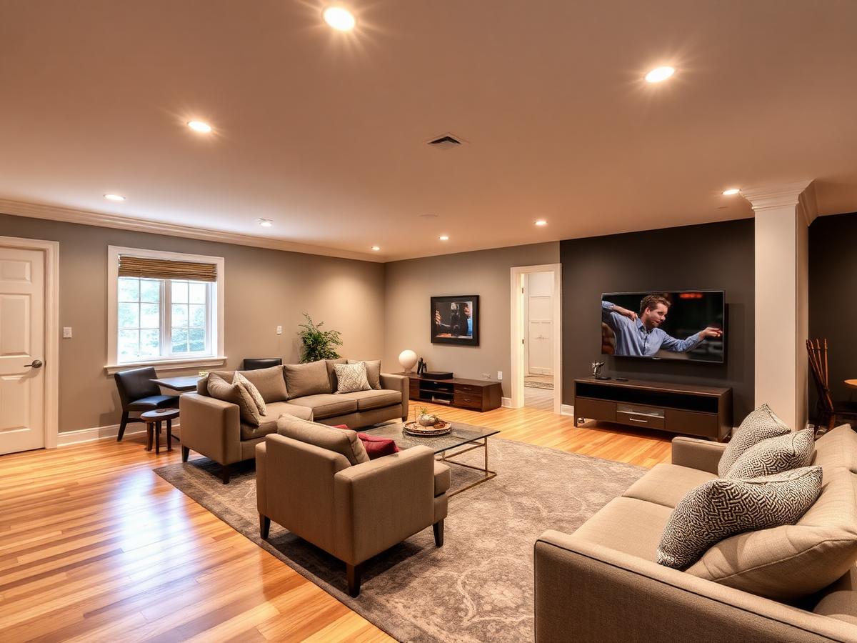 Finished basement family room with oak flooring