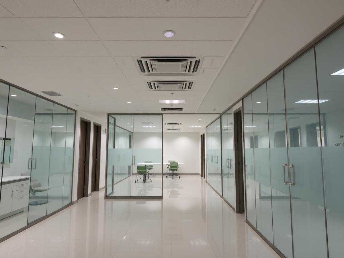 Completed medical clinic fit-out with glass partitions built by Ronin Inc.