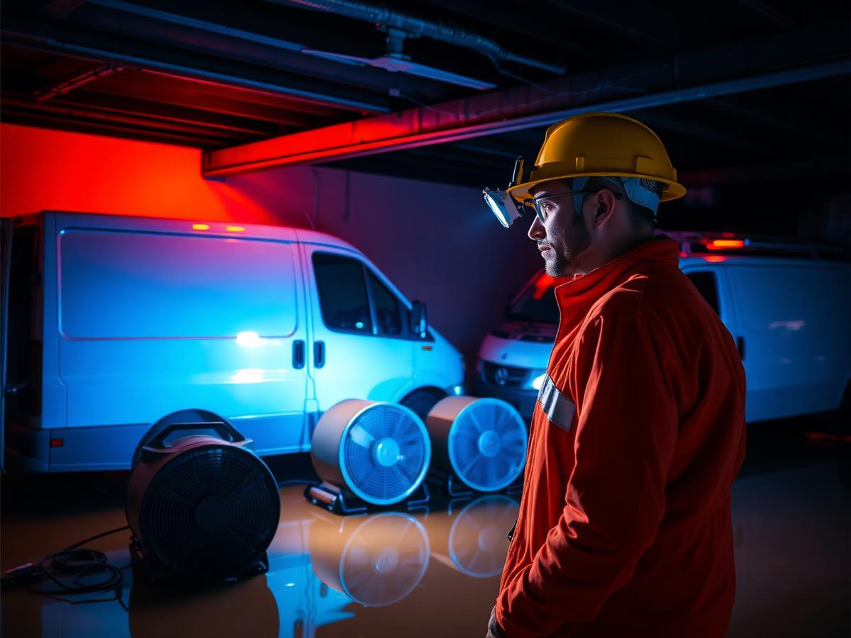 Ronin emergency crew drying a flooded basement at night with industrial fans