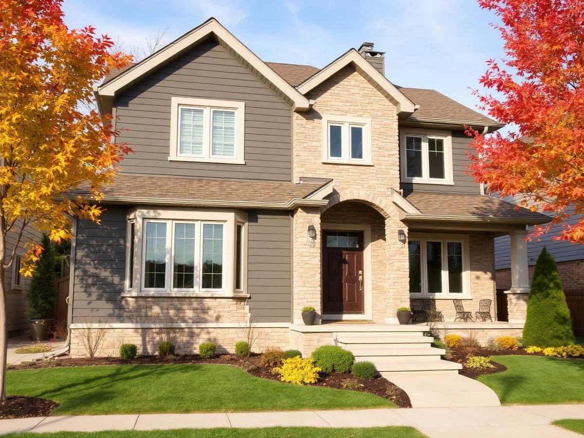 Renovated two-storey home exterior with new siding and windows