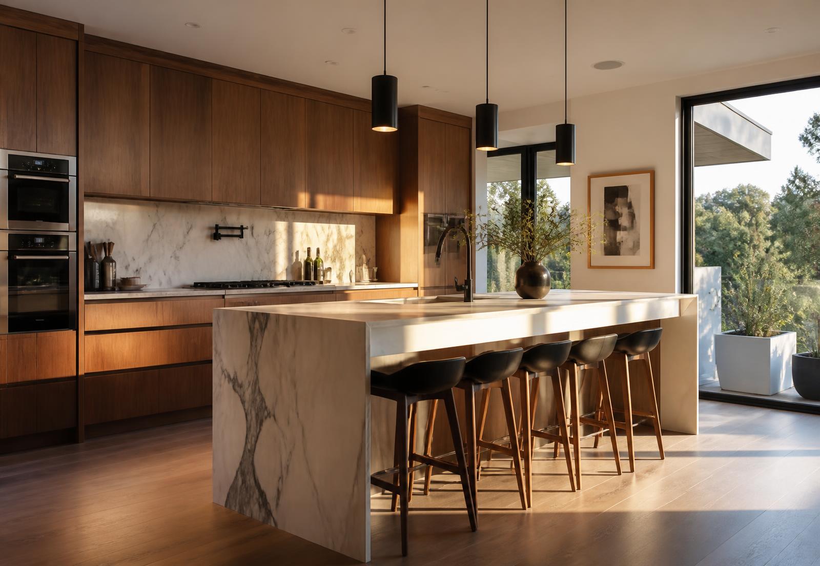 Renovated modern kitchen with walnut cabinetry and a marble island