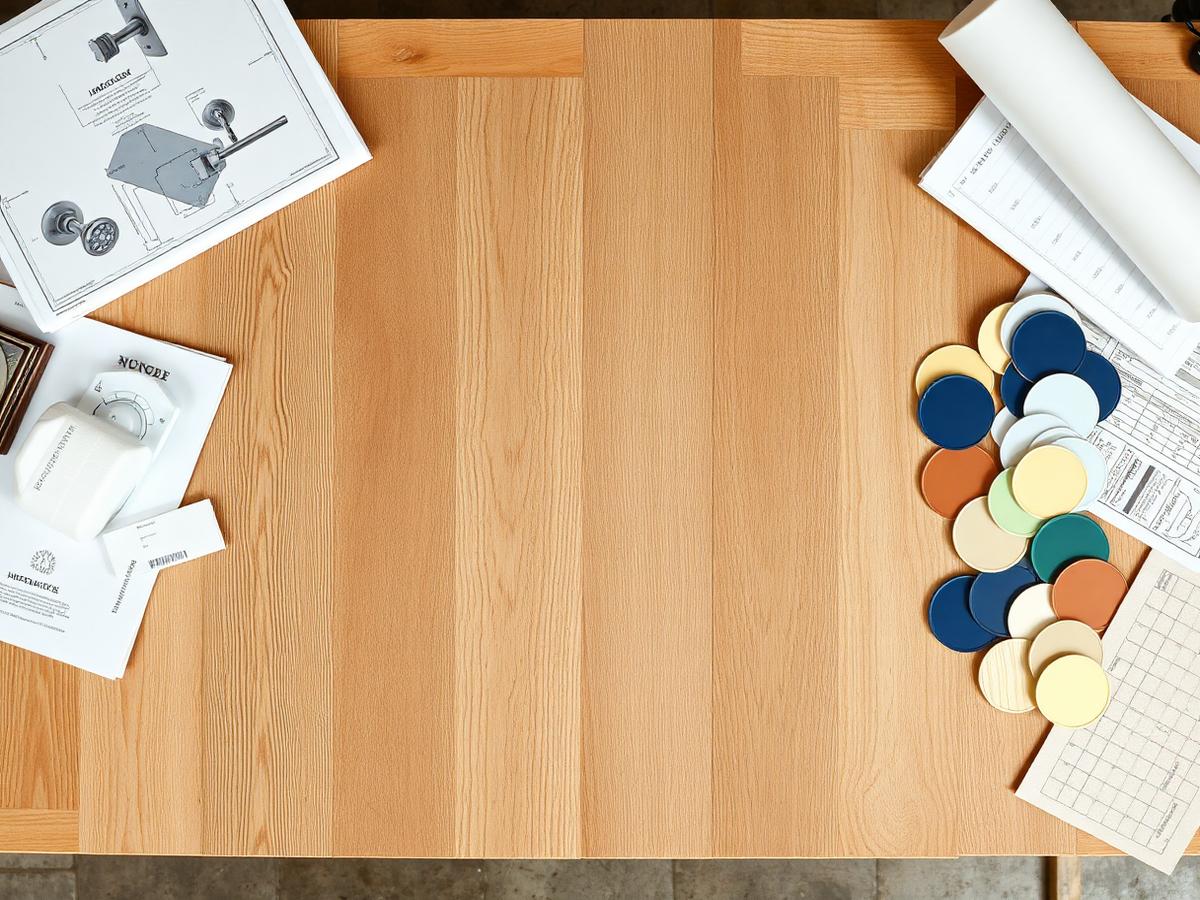 Paint chips and finish samples laid out on a workbench