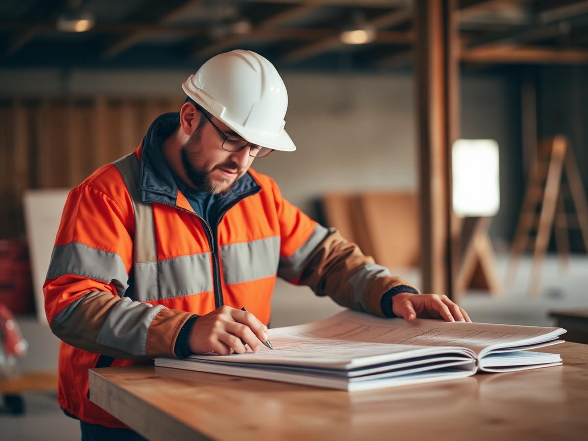 Ronin project lead reviewing renovation blueprints on site